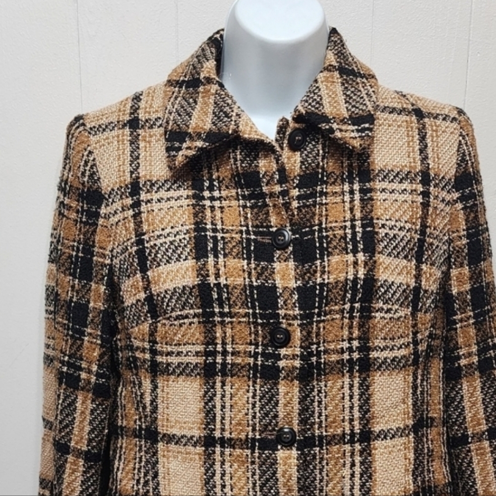 Casual Corner Blazer Neutral Plaid Print Button Front Vintage Sz 6 Office B342